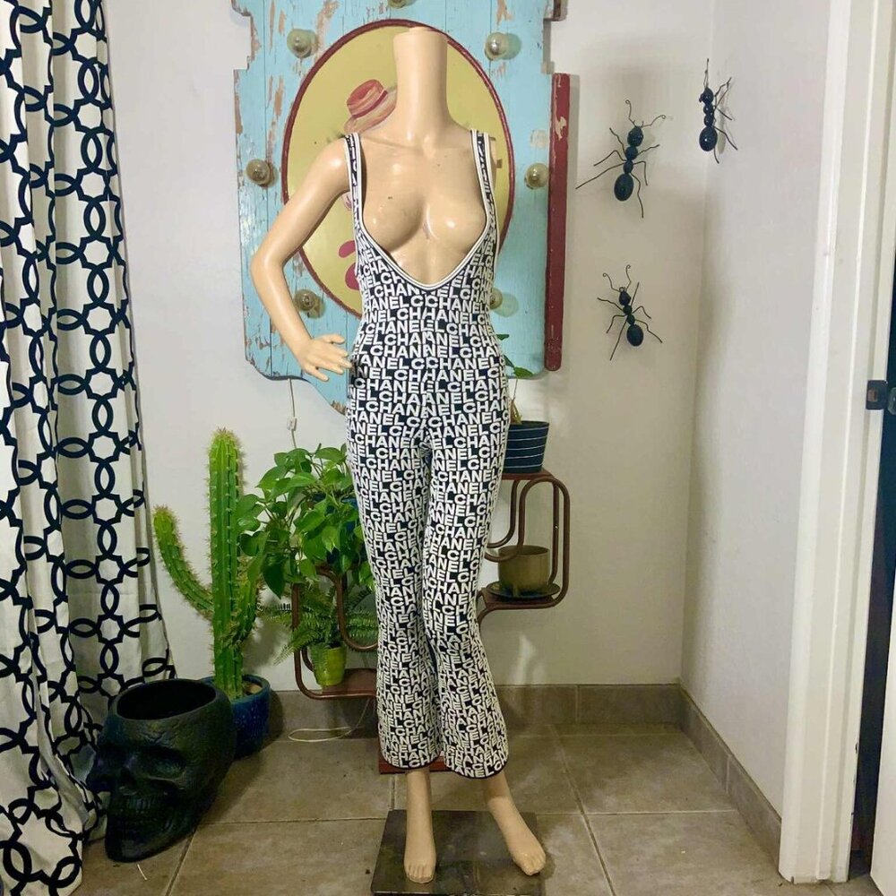 RARE CHANEL 2019 Runway Logo Jacquard Plunge Neck Bell Bottom Jumpsuit